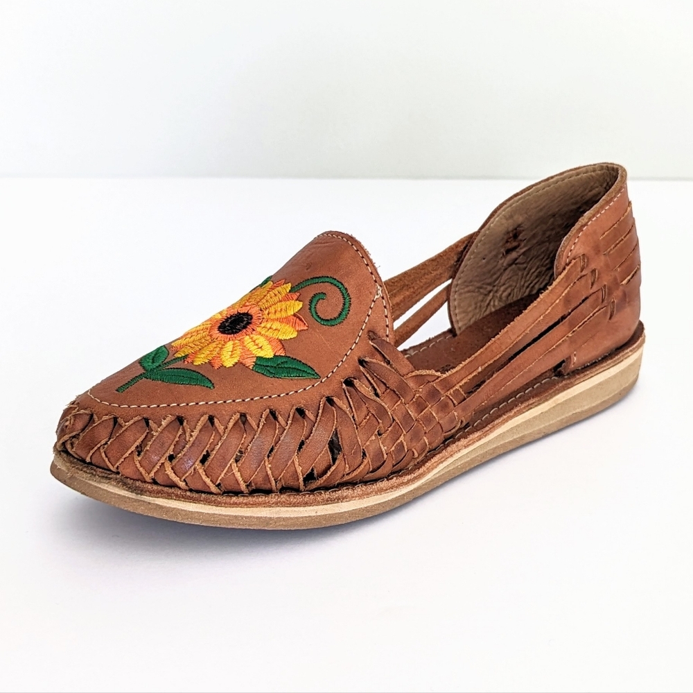 🇲🇽 Cacahi's Leather Huaraches With Sunflower Design Made In Mexico